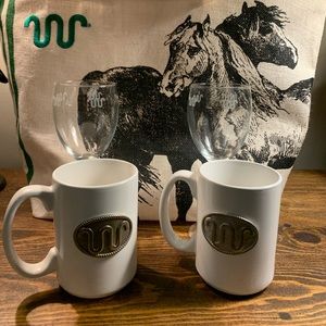 King Ranch running W canvas tote, wine glasses, and coffee mugs.